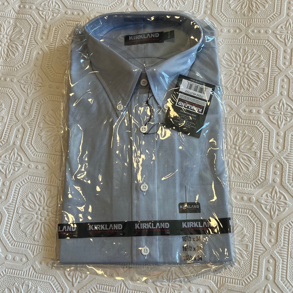 Kirkland Signature Mens Light Blue Dress Shirt 16.5 x 34 Long Sleeve Button Down